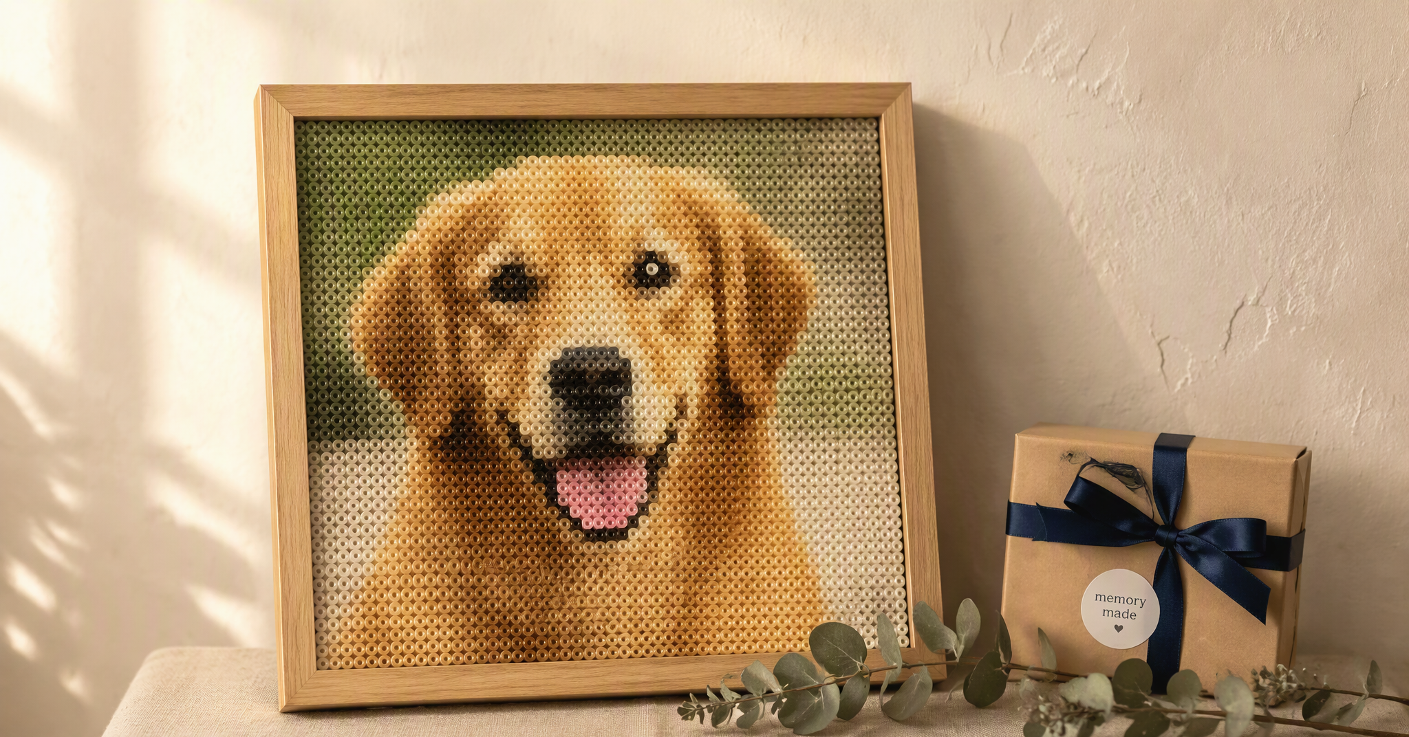 Illustrative presentation of a framed bead-art portrait