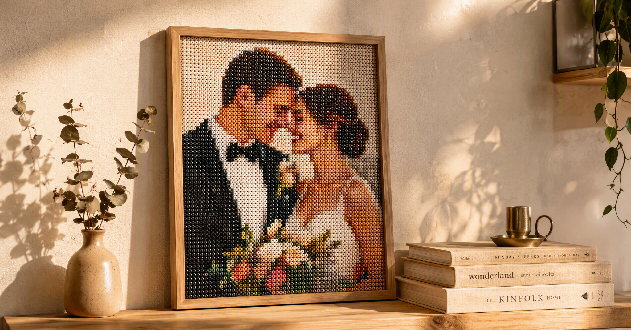 Illustrative bead-art keepsake displayed on a shelf