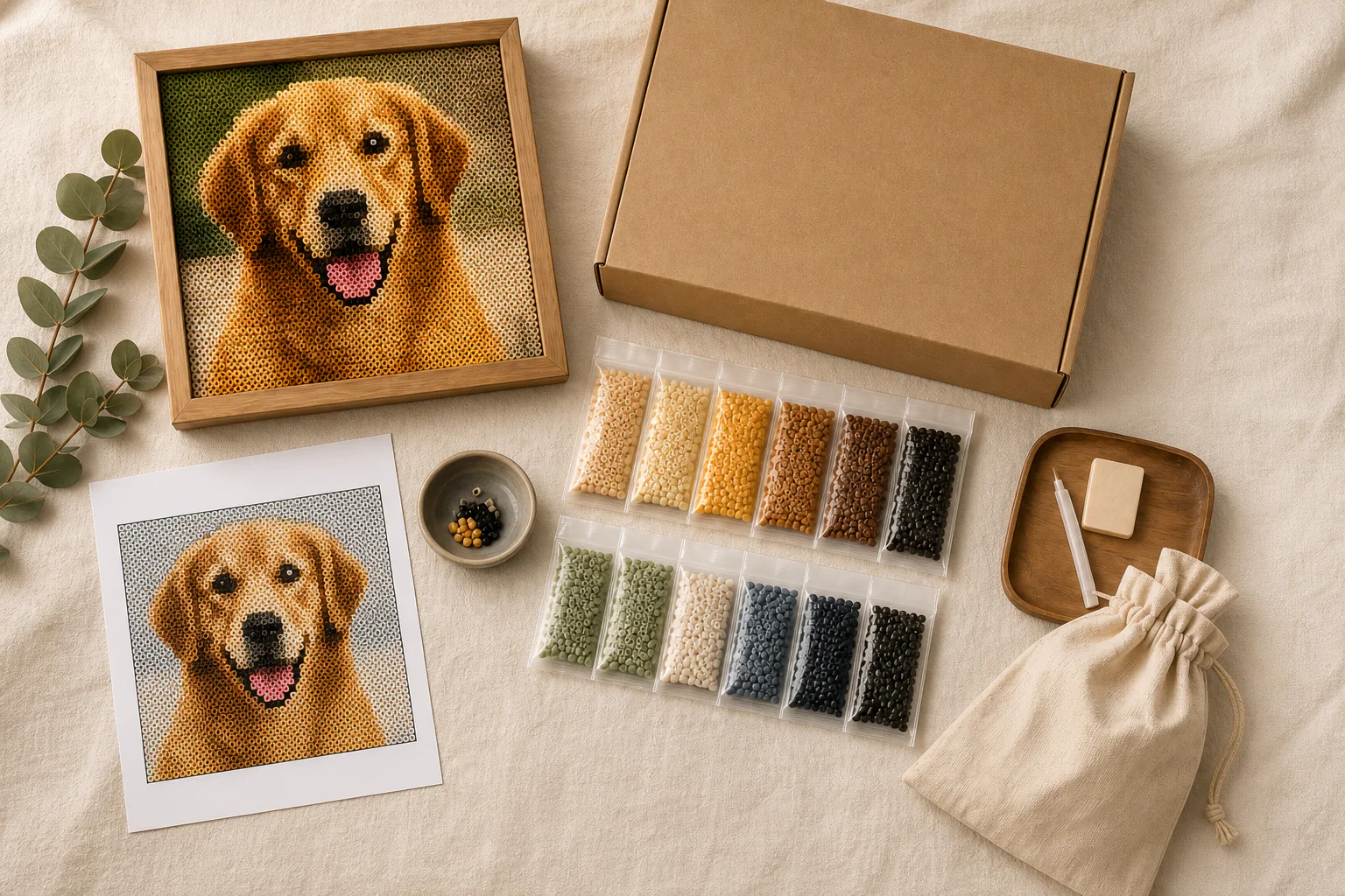 Illustrative presentation of a MomentGrid bead-art pattern and kit concept